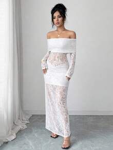 Rafferiza Đầm maxi ren dài tay trễ vai thanh lịch dành cho nữ - trắng - Xem 4