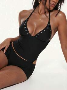 Bonvoyette 黑色露背吊带镂空优雅沙滩泳装套装，侧开衩低腰设计，适合春夏穿着 - 黑色 - 查看 1