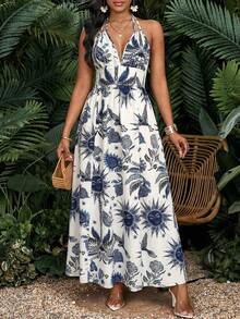 SHEIN Lady Women's All-Over Print Halter Backless Casual Vacation Dress - Multicolor - View 5