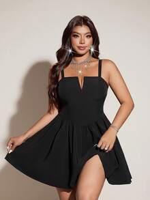 Viva Relle Gaun Pesta Elegan Wanita Ukuran Plus dengan Tali Bahu Tipis, Gaun Koktail Ringan - Hitam - View 3