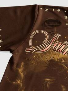 ROMWE MEN Street Life Spring/Summer Casual Graphic Men'S Street Jesus Print Short Sleeve T-Shirt - Coffee Brown - View 3