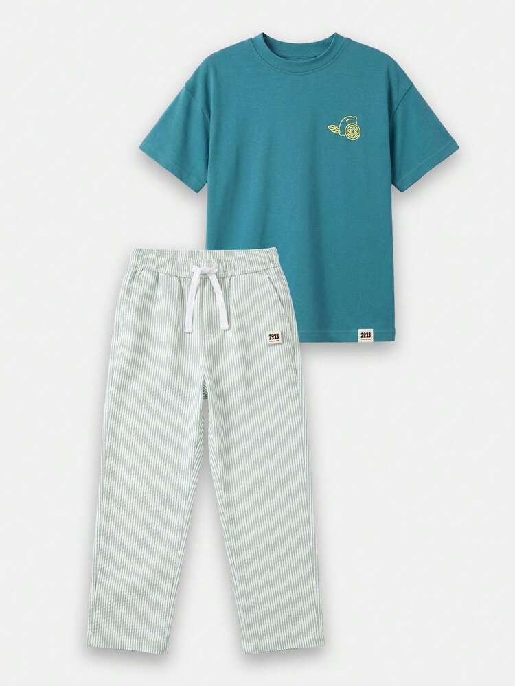 Graffiti Teal Tee With Striped Pants