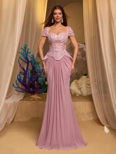 Glamrae 优雅莲花粉浪漫3D蕾丝露肩透视鱼骨裙摆美人鱼尾连衣裙，适合约会、度假、单身派对、婚礼、返校以及所有正式场合。