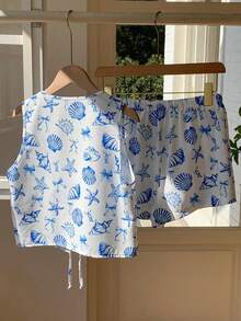 Comfortcana Women's All-Over Print V-Neck Tank Top And Shorts Casual 2 Pieces Set - Baby Blue - View 2