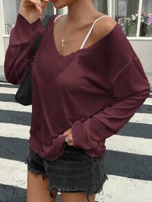 DAZY 女款寬鬆深V領長袖透視休閒上衣，都市街頭風T恤，夏季泳裝外罩衫，適合學校穿著 - 酒紅色 - 查看 4