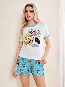 LOONEY TUNES X SHEIN Women's Cartoon Print Round Neck Short Sleeve Top And Shorts Pajama Set - Blue - View 3