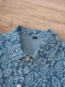 Manfinity Joysei Men's Casual Street Style Blue Denim Printed Short Sleeve Shirt - Medium Wash - View 3