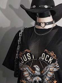 SHEIN ICON 大码女式V领网纱拼接T恤裙 - 黑色 - 查看 5