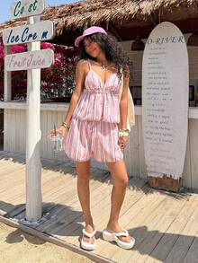 SHEIN EZwear Women's Casual Pink Camisole Top And Shorts 2 Pieces Set - Pink - View 8