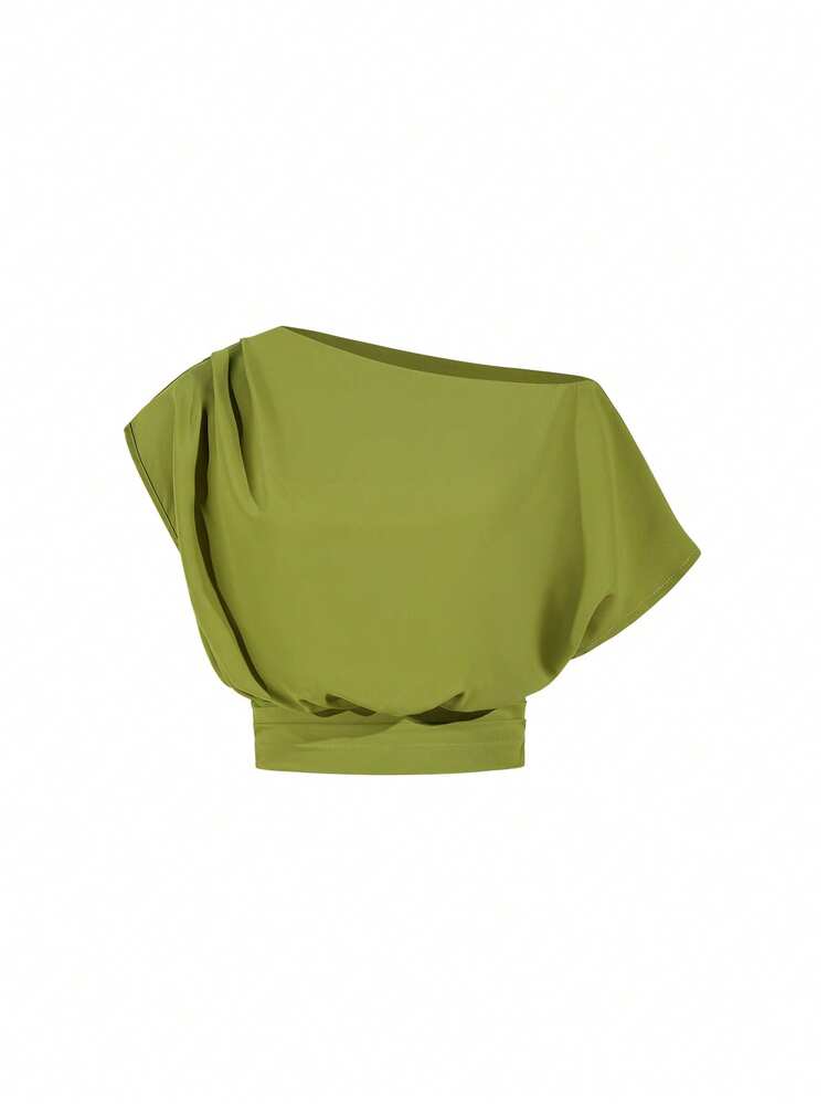 Ellevyn Asymmetric Neck Top And Sequin Mini Skirt, Luxurious Elegant Resort Set Green Maxi Skirt Green Outfits For Women Spring Skirt Set Green Vacation Outfit Spring Set For Women - Olive Green - View 4