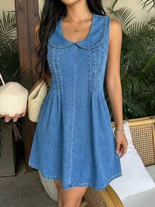 Sunnyshic Fashionable Turndown Collar Washed Casual Denim Dress - Medium Wash - View 1
