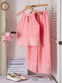 SHEIN Tween Girls' Blue Vacation Style Comfortable Halter Neck Shirt + Pants Set, Embroidery & Placement Print Bohemian Style, Suitable For Beach Holiday - Pink - View 2