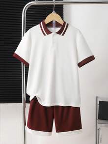 SHEIN Mirajuku 2件套男童条纹短袖polo衫和短裤套装 - 酒紅色 - 查看 3