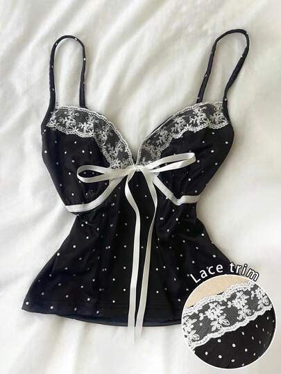 Glimmora 波点蕾丝拼接蝴蝶结吊带背心