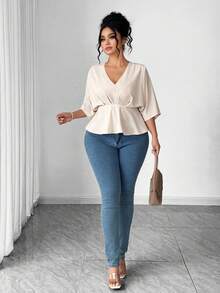 Elenzga Plus Size Women Casual Pleated Design Batwing Short Sleeve Blouse - Apricot - View 5