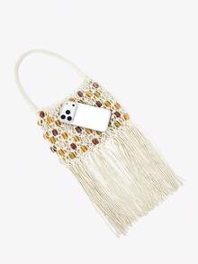 Viva Strut 女士单肩包、流浪包、钩针编织包，饰有流苏和串珠，时尚、优雅、简约、个性化、百搭，适合海滩、度假、假日、夏季、海边、沙滩派对等场合 - 米白色 - 查看 6