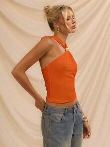 Avantive Áo kiểu nữ cổ yếm đính kim loại, áo hè nữ màu trắng, áo kiểu Mexico, áo trắng trễ vai cho nữ. - Màu Cam cháy - Xem 3