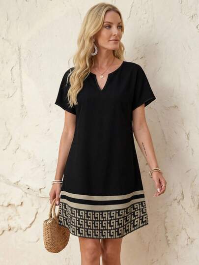 Faunlyn 休闲简约女士碎花V领编织短连衣裙，适合春夏穿着，波西米亚风女装，时尚休闲连衣裙