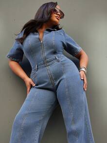 NYA SZN Denim Plus Short Sleeve Jumpsuit,Cotton Dusky Blue Summer Casual Everyday Fitted Contrast Stitch Teacher Concert Festival Business Elegant Luxury - Medium Wash - View 3