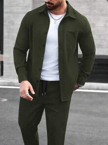 Manfinity CasualCool Men's Long Sleeve Shirt Collar Button-Up Shirt And Pants Set, Autumn/Winter - Army Green - View 4