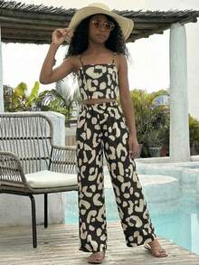 SHEIN Tween Girl Casual Leopard Print Camisole And Wide Leg Pants Set,Kids - Black - View 3