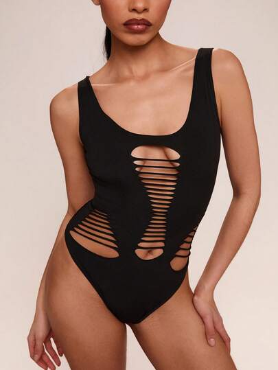 SHEIN BAE 女士性感镂空纯色紧身无袖连体裤，夏季