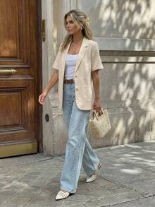 Hansera Blazer de mujer de un solo botón, de unicolor, de manga corta, de tela delgada y de estilo elegante para uso diario - Albaricoque - Ver 4
