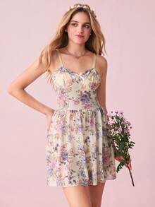 Snug Zone 女士花卉印花蝴蝶结细节吊带睡裙，夏季蝴蝶结 - 米色 - 查看 1