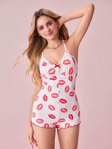 Bonmuse 唇印性感V型露背交叉绑带设计修身舒适女士连体睡衣 - 白色 - 查看 4