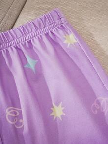 LOONEY TUNES X SHEIN Baby Girl Cartoon Print Round Neck Short Sleeve T-Shirt And Shorts Pajama Set - Mauve Purple - View 5