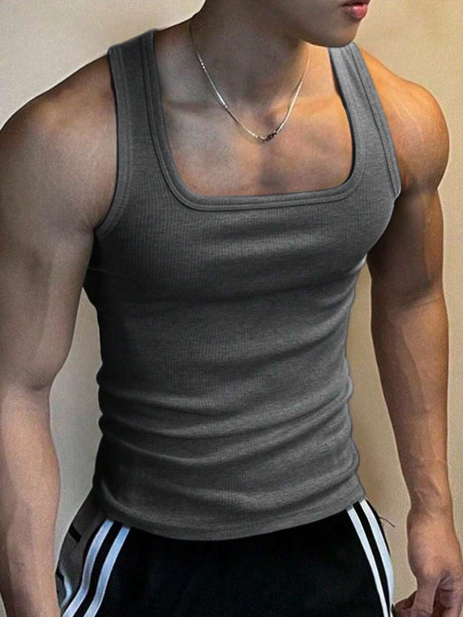 SHEIN Manfinity Dauomo 男士純色極簡寬鬆街頭風休閒無袖背心健身上衣 深灰色 夏季 - 深灰色 - 查看 1