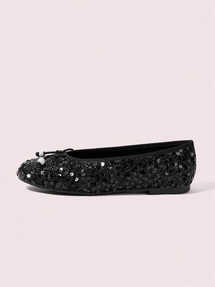 CUCCOO DOLLMOD Ladies' Black Sequined Woven Material And Simple Bow Beaded Square Toe Ballet Flat Shoes Are Suitable For Birthday Parties In Four Seasons