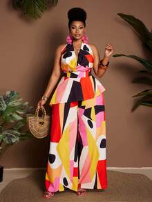Maweii Plus Size Women's Contrast Color Geometric Print Draped Neck Asymmetric Hem Crop Top + Wide Leg Pants Fashionable 2-Piece Set - Multicolor - View 1
