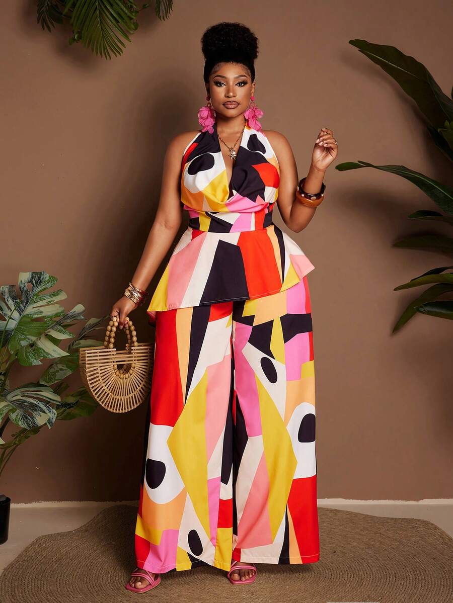 Maweii Plus Size Women's Contrast Color Geometric Print Draped Neck Asymmetric Hem Crop Top + Wide Leg Pants Fashionable 2-Piece Set - Multicolor - View 1