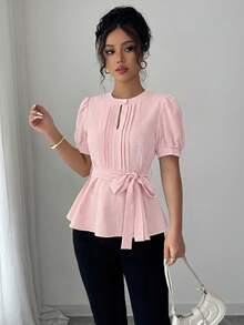 Elenzga 女士时尚优雅春季休闲纯色腰带花瓣袖衬衫 - 淺粉色 - 查看 3