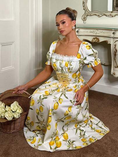  SHEIN Step Into Cottagecore Romance With This Lemon Print Corset Maxi Dress. Featuring A Flattering Square Neckline, Sweet Puff Sleeves, And A Waist-Cinching Lace-Up Corset Bodice, It Creates An Instantly Feminine Silhouette. The Flowy Skirt Moves Beautifully, Making It Perfect For Summer Vacations, Garden Parties, Brunch, Picnics, Bridal Shower, And Wedding Guest Occasions. Pair With Strappy Heels Or Ballet Flats For An Effortless, Elegant Look  Spring Dress Women Beach Outfits For Womengoing O