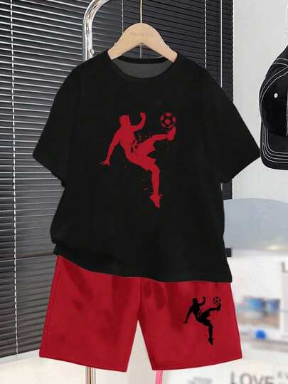 青少年男孩夏季休闲日常人像图案圆领短袖T恤和短裤套装