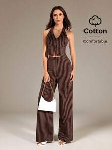 SHEIN Tall 咖啡棕色条纹OL V领露背无袖上衣+阔腿裤，显瘦修长套装，棕色条纹两件套，条纹阔腿裤，无袖吊带上衣，吊带上衣和裤子套装，女士阔腿裤套装 - 咖啡棕 - 查看 3