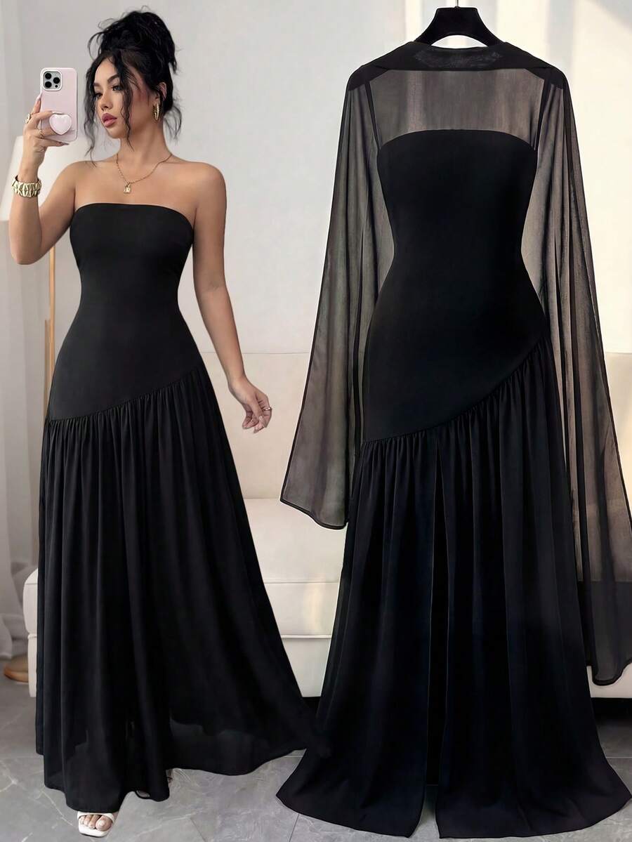 INAWLY Women's Elegant Solid Color Split Hem Dress, Summer - Black - View 1