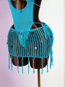 SaltGleam SaltGleam 性感露背夏季吊带背心和亮片装饰半裙两件套，休闲度假装 - 藍色 - 查看 4