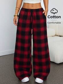 SHEIN PETITE 宽松红黑格子印花斜插口袋抽绳休闲裤 - 紅色 - 查看 5