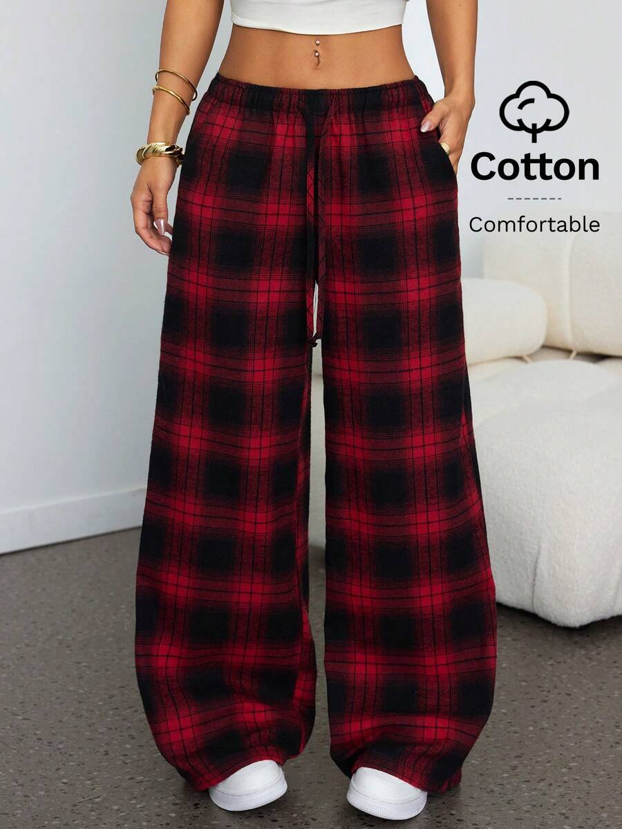 SHEIN PETITE Loose Red & Black Plaid Print Slant Pocket Drawstring Casual Pants - Red - View 1