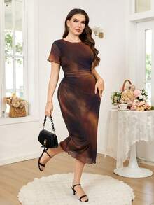 Ellevyn Plus Size Elegant Tie-Dye Print Fitted Dress, Summer - Multicolor - View 6