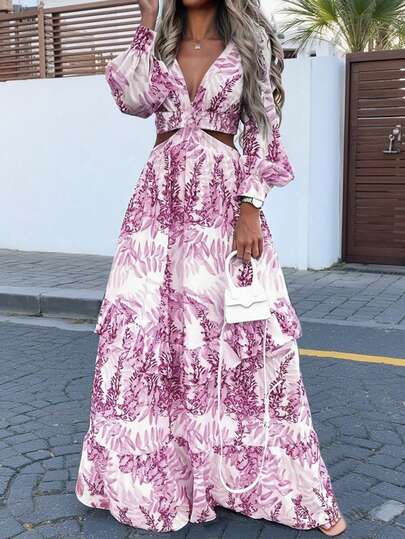 Cévolie 大码女式休闲度假深V领不规则树叶印花长裙，性感镂空显瘦宽松A字裙，适合度假、派对、聚会等场合