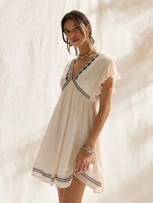 Easelle White Embroidered Ruffle V-Neck Mini Dress For Women Summer Beach Dress Vacation Outfits Women Ruffle A Swing Loose And Comfortable Holiday Boho Dresses For Women Summer Beach Dresses For Women Resort Wear Women Vacation Dress Embroidered Dress For Women Casual Dresses For Women Summer Dresses For Greece Women Beach Dress Women's Summer Dresses Summer Dresses For Women Greece - White - View 3
