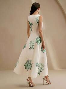 Anewsta Petite 女士优雅印花 A 字连衣裙，3D 立体花朵装饰，休闲日常穿着，适合日常、度假、海滩等场合。 - 綠色 - 查看 2