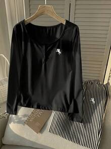 Comfortcana 2025冬季大尺碼女款休閒黑白條紋居家服Curve 2件套，刺繡鈕扣上衣與條紋長褲，感恩節穿搭 - 黑色 - 查看 5