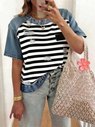 EMERY ROSE Camiseta casual versátil de mujer con cuello redondo, manga corta y diseño de rayas y patchwork