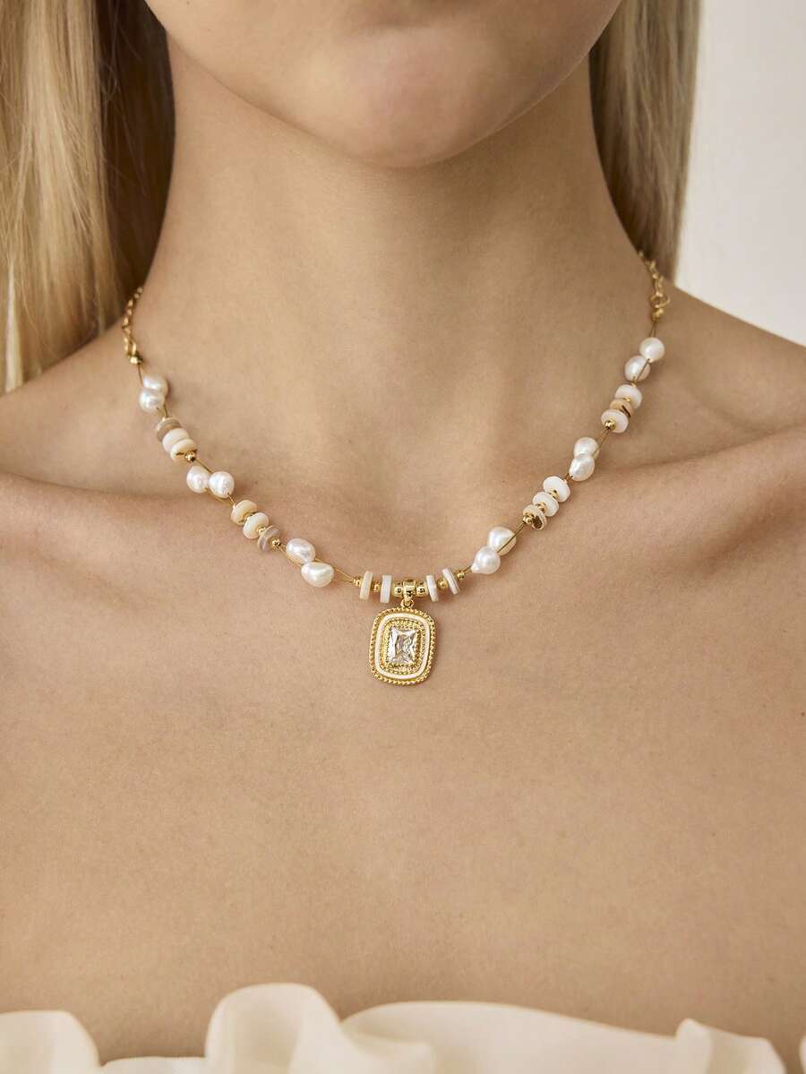 MOTF PREMIUM 欧美时尚淡水珍珠拼接十字项链，女士设计感十足的金属缠绕珍珠手链时尚项链 - 彩色 - 查看 1