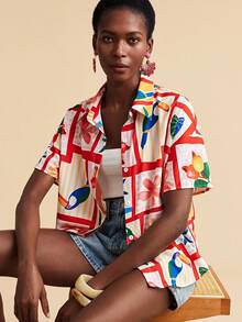 Travachic 波西米亚热带花卉印花女式衬衫 - 紅色 - 查看 7